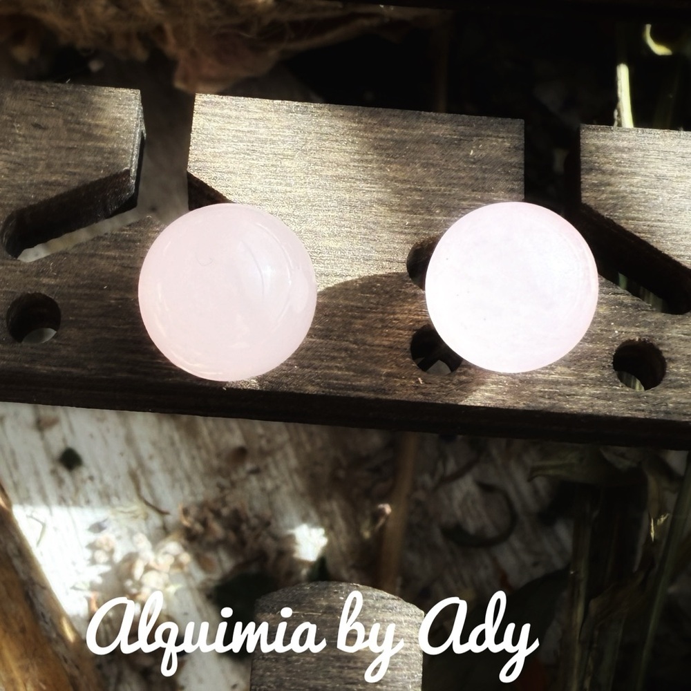 925 silver + Pink quartz round stud earrings